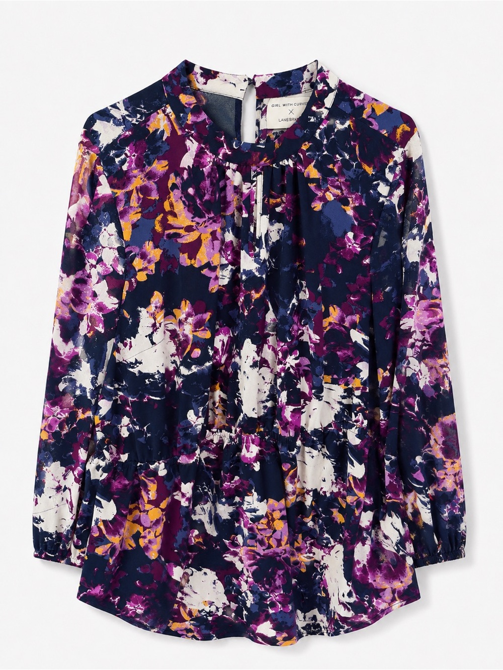Lane Bryant Navy Floral Print Long Sleeve Blouse